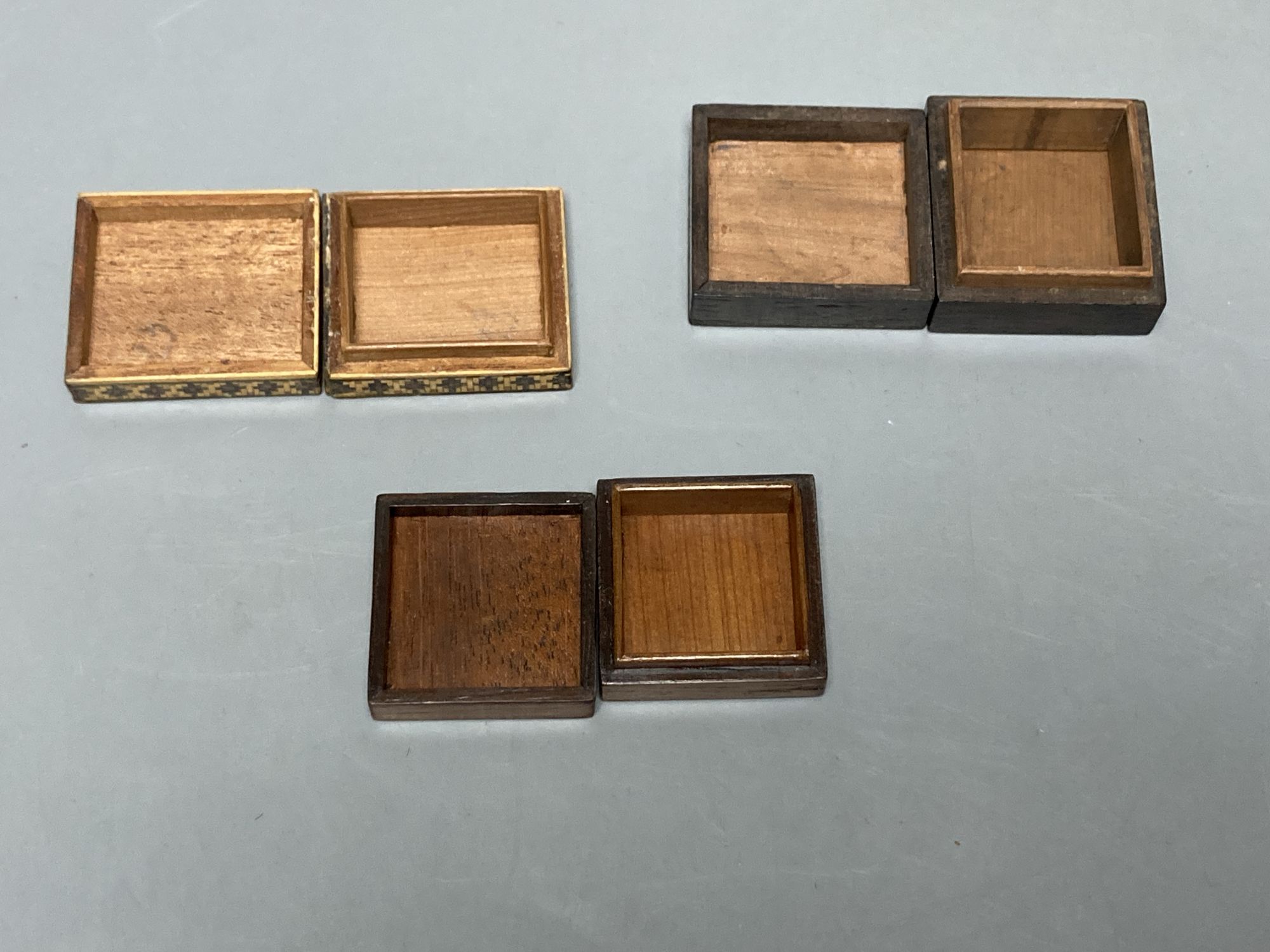 Three Victorian Tunbridge ware stamp boxes, late 19th century